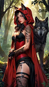 Red hooded woman with wolf companion in sunlit forest