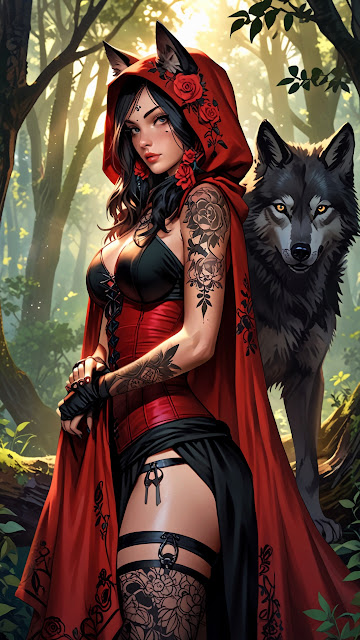 Red hooded woman with wolf companion in sunlit forest - Free mobile Wallpaper