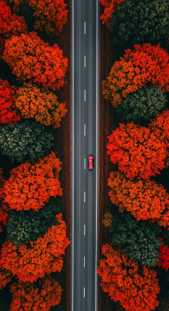 Abstract Top-Down View of a Red Car Driving Down a Road Lined with Autumn Trees - Free mobile Wallpaper