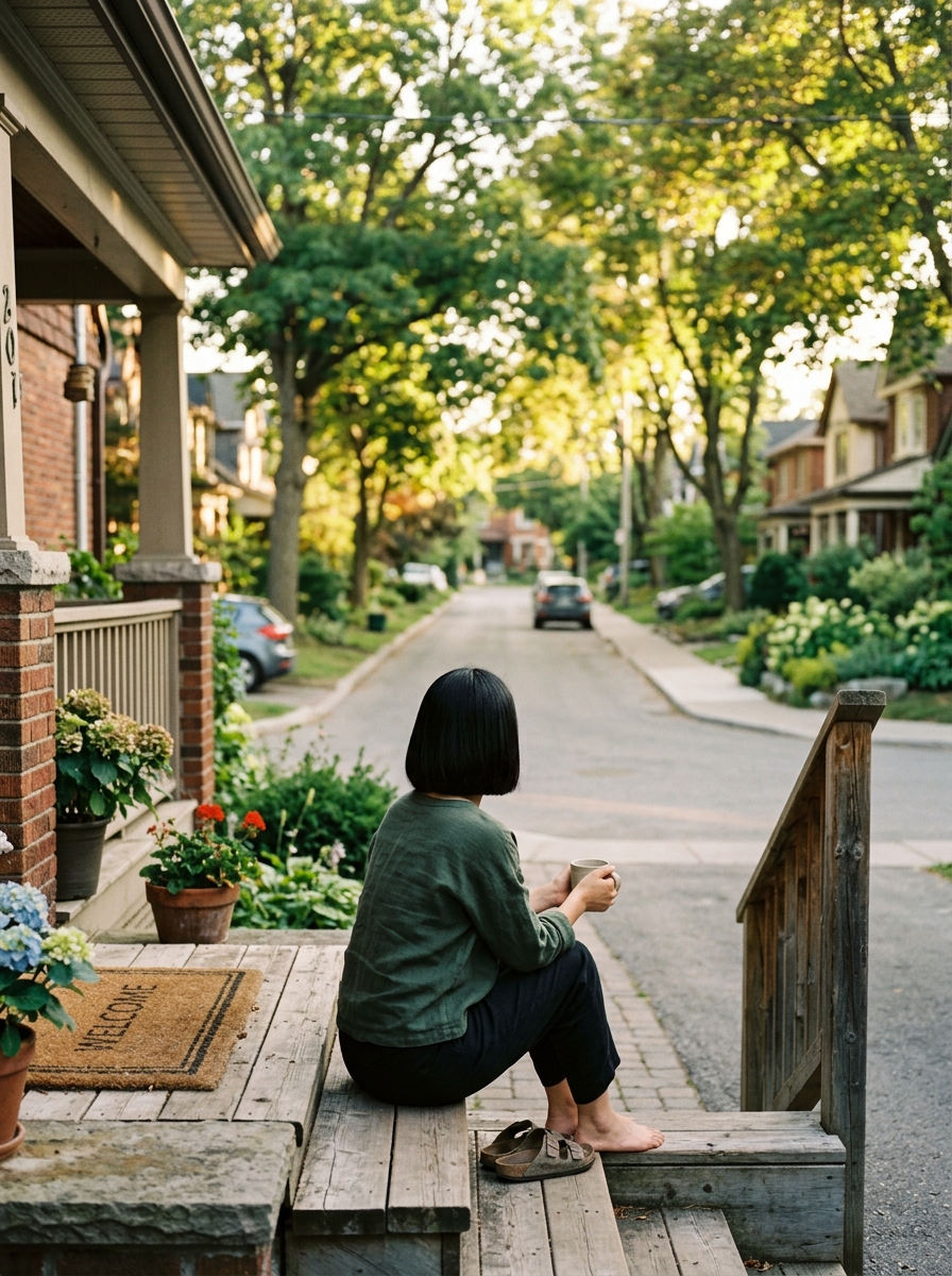A quiet residential street seen from a front step, someone sitting on the steps with a mug, trees in soft focus, late afternoon light — going outside without a destination, just to be there.