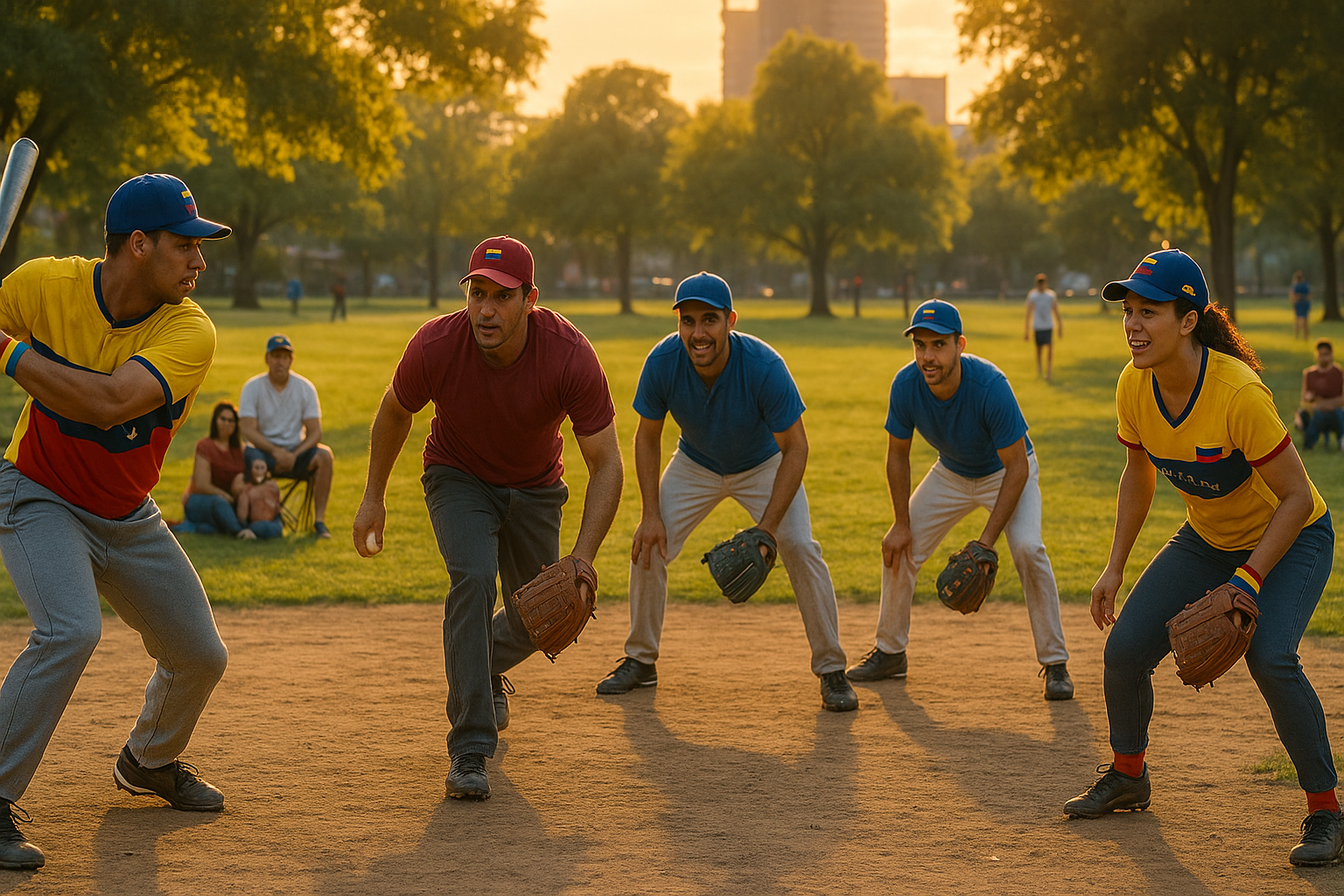 Peloteros venezolanos celebrando en un parque urbano al atardecer