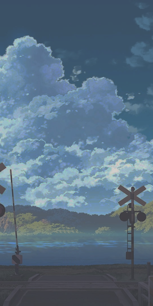 Anime, Landscape, Railway Crossing, Cloudscape 4K Wallpaper Background