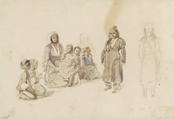 Studieblad met zittende vrouw en kinderen te Dereköy in Turkije 1814   1860