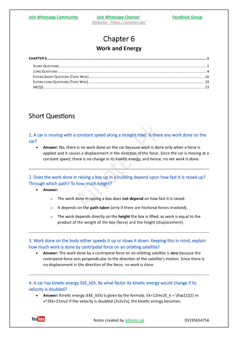 FBISE Class 9 Chapter 6  Work and Energy