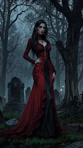 Vampire Woman in Red Gown Standing in Misty Graveyard