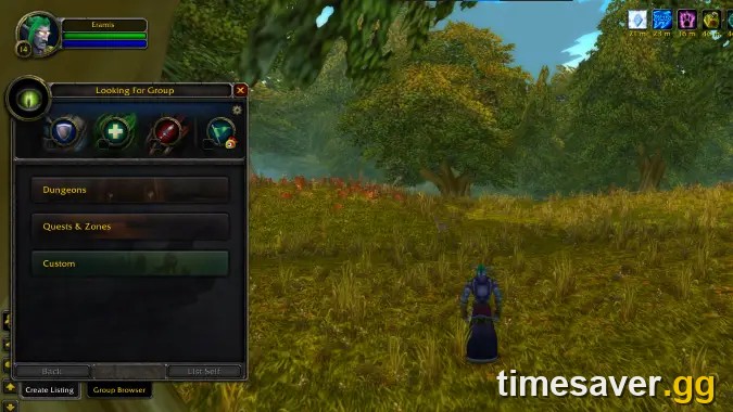 The WoW Classic Looking For Group tool panel — a listing board with Dungeons, Create Listing and Group Browser tabs, where you invite players manually rather than queue