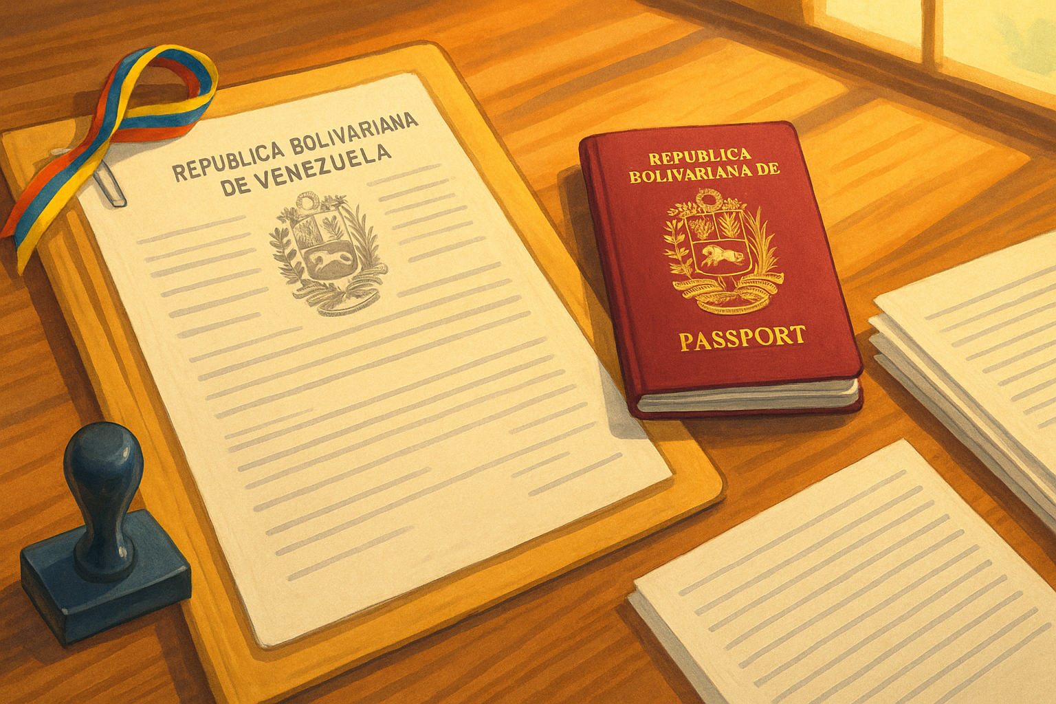 Carpeta de documentos y pasaporte en mesa, trámite de apostilla en Venezuela para migrantes