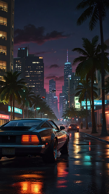 Retro Sports Car on Wet City Street at Night - Free mobile Wallpaper