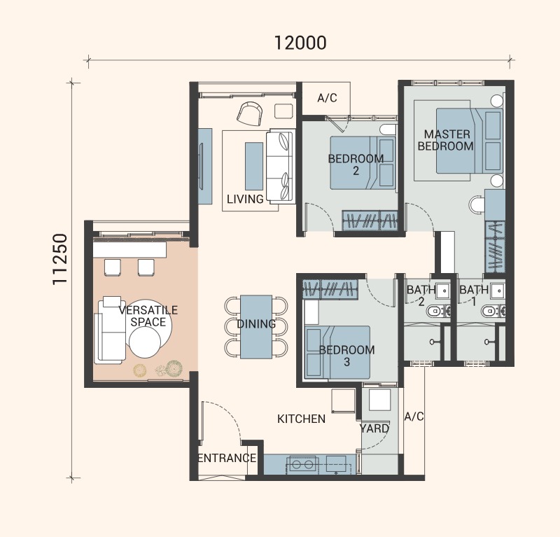 Veridian Type A1 floor plan — 1006 sq ft, 3 bedrooms