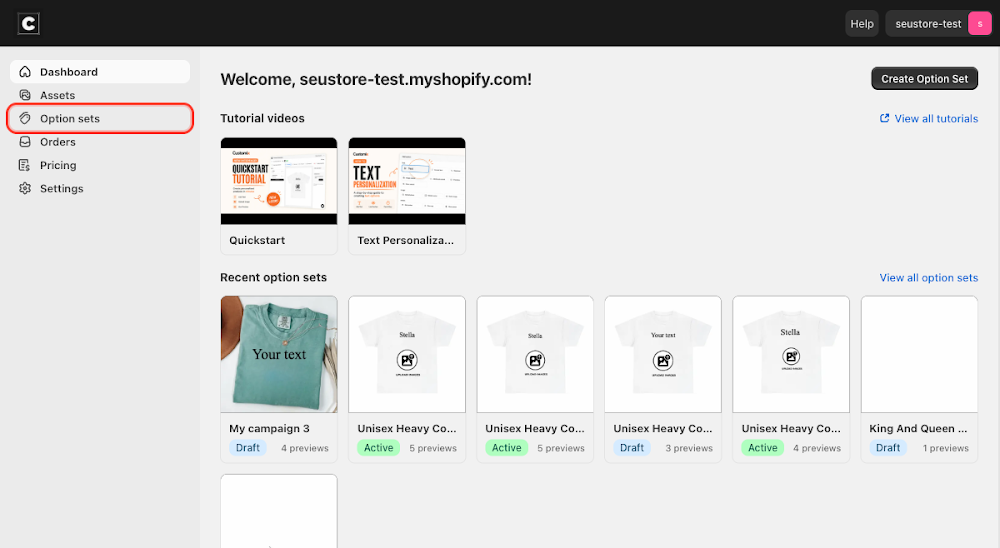 Option sets in the sidebar navigation
