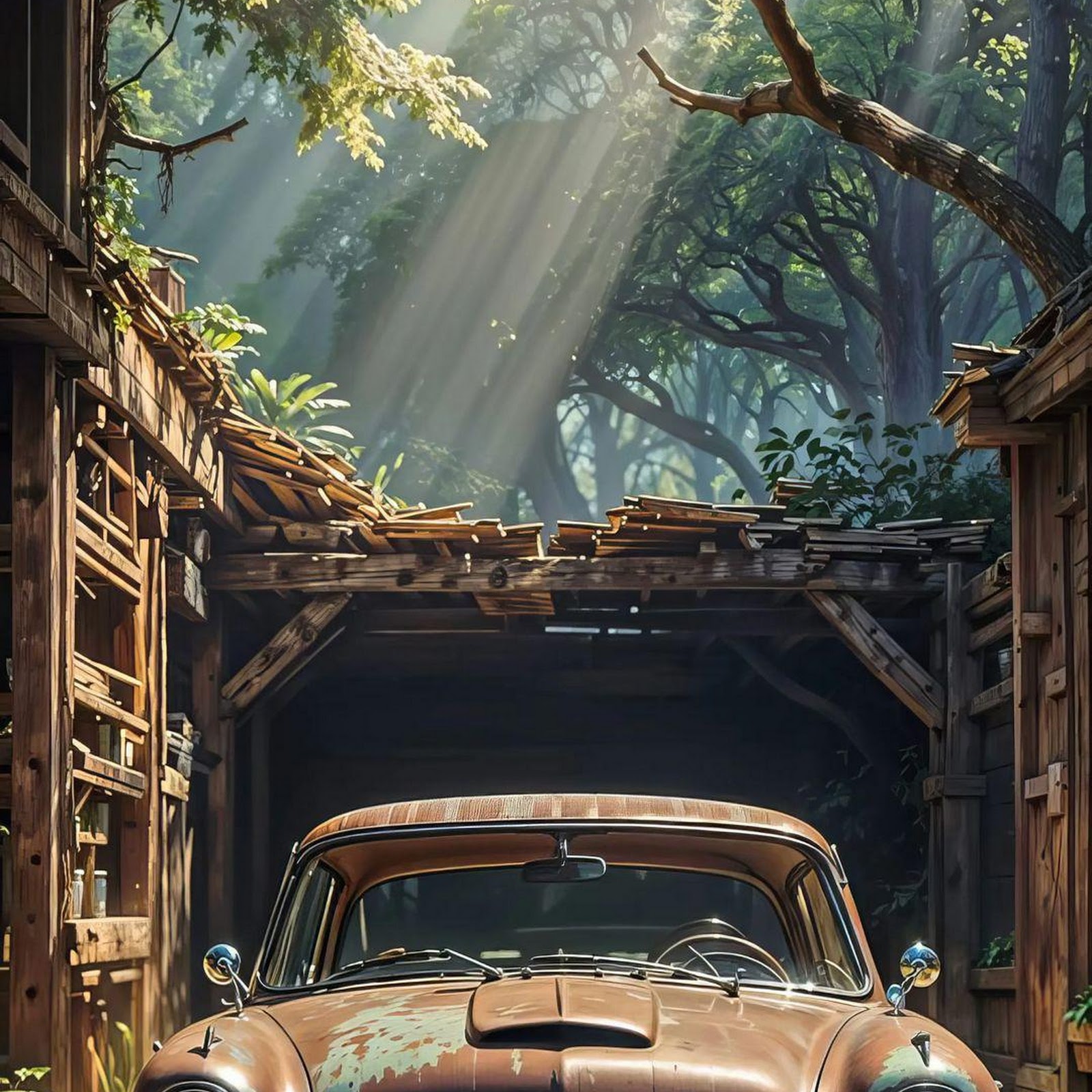 Download Vintage Car in Wooden Shed Full HD iPhone