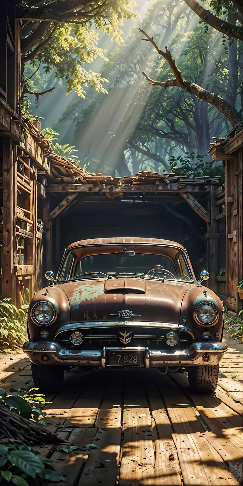 Vintage Car in Wooden Shed - Cinematic Digital Art Full HD iPhone Wallpaper (1080x2161)