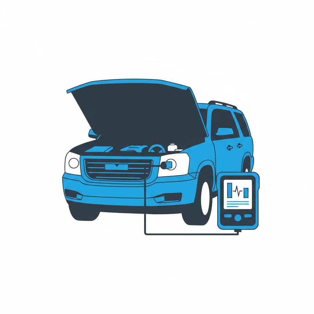 Minimal 2D vector of an open Yukon engine bay with a connected diagnostic OBD2 scanner showing icon based status bars in CarFax Deals palette yukon gmc for sale