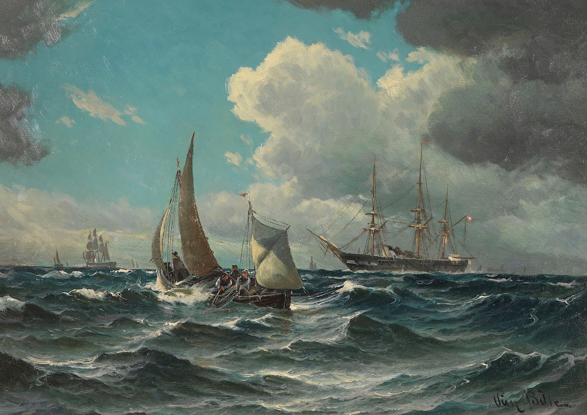 Fischerboot und Dampfsegler auf bewegter See 1880