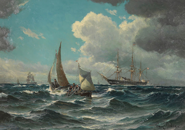 Fischerboot und Dampfsegler auf bewegter See 1880