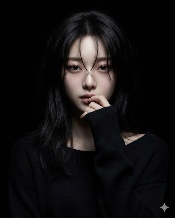 Retrato femenino hiperrealista de estilo anime con fondo negro, foco de luz en el centro del rostro y un aire misterioso.