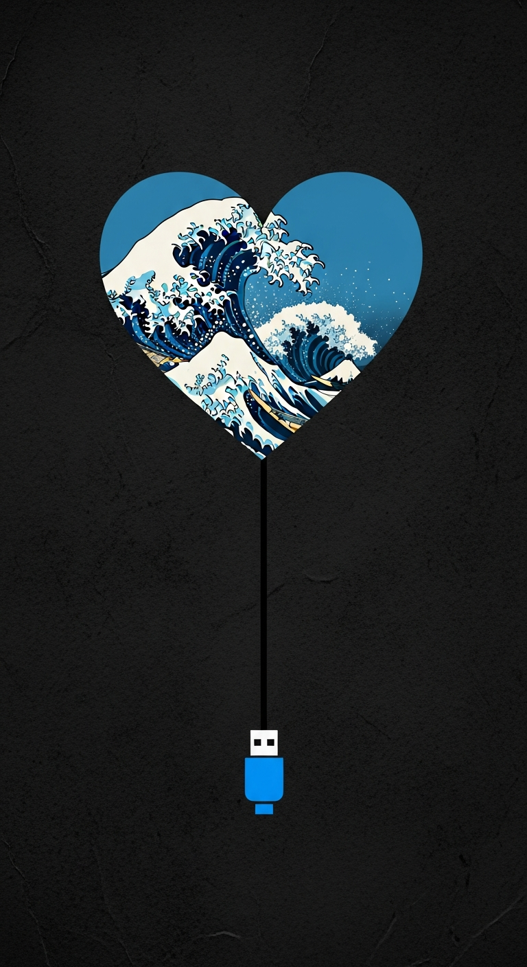 Conceptual Graphic Design of Ocean Waves Inside a Heart Connected to a USB Plug on Dark Background - Free 4K mobile Wallpaper