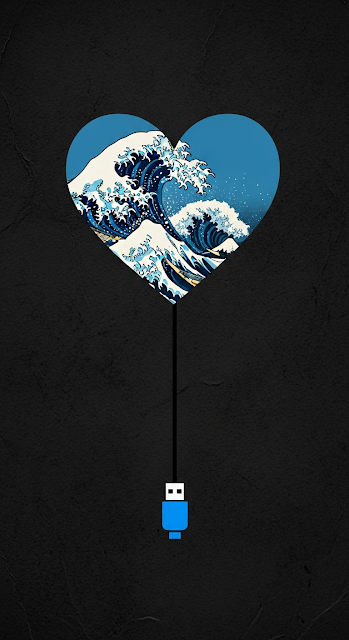 Conceptual Graphic Design of Ocean Waves Inside a Heart Connected to a USB Plug on Dark Background - Free mobile Wallpaper