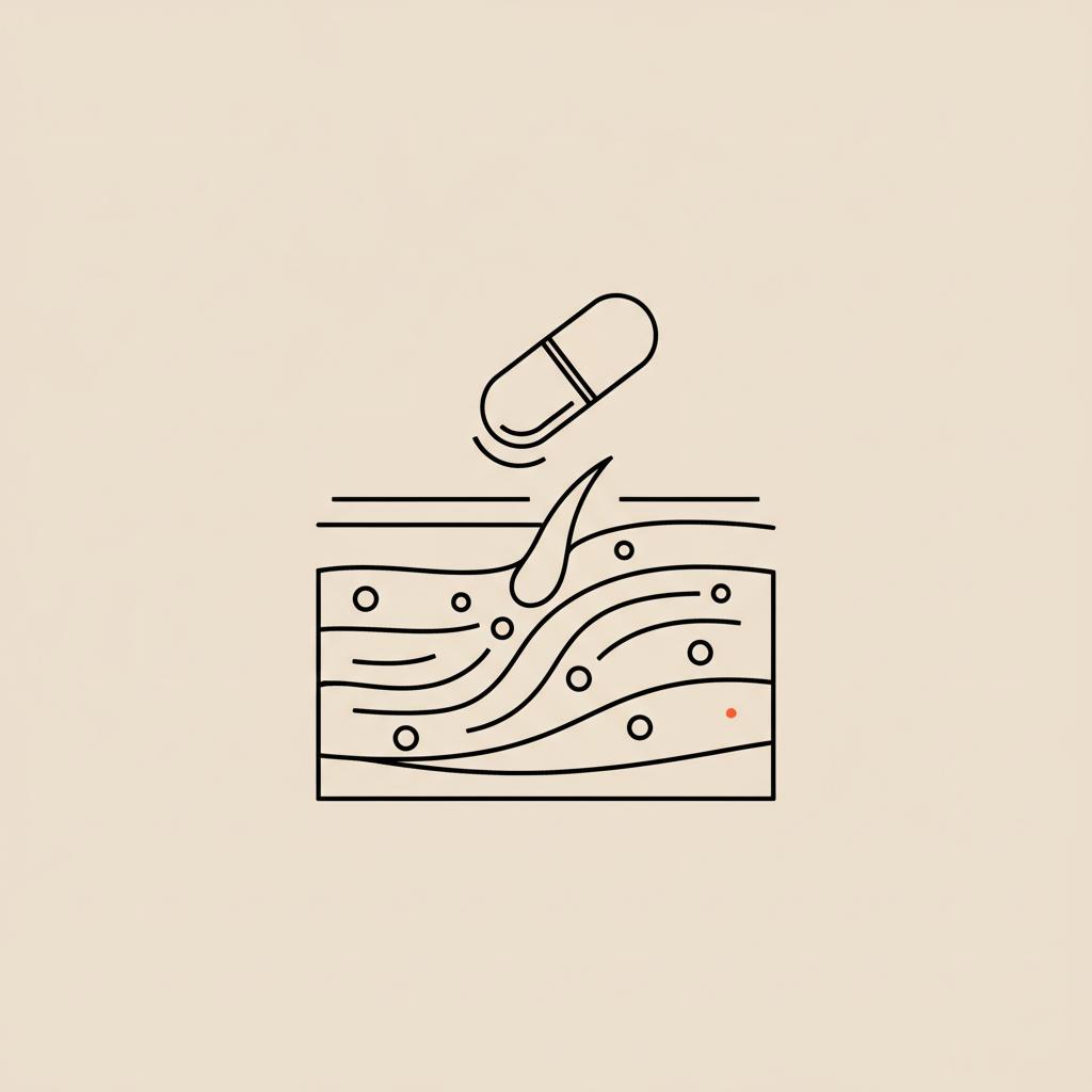 Minimal Tonum-style line illustration of a skin cross-section with collagen fibers and a small capsule above, representing NAD+ skin benefits
