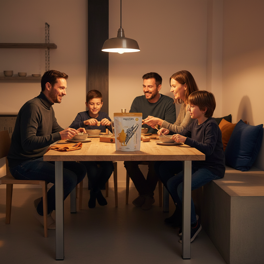 Gemütliche Abend-Szene mit Familie an einem industriellen Holztisch, warme Lichter, Nähe und Lachen – welche geschenke mögen frauen am meisten