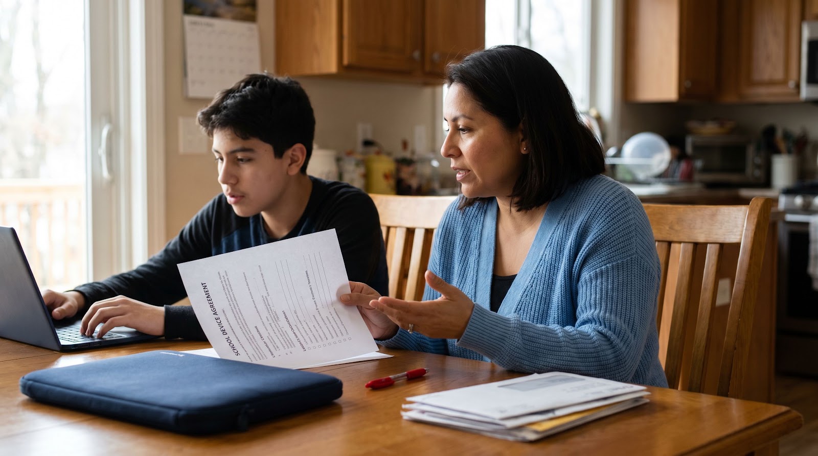 Texas car break in stolen laptop insurance family reviewing a school issued laptop agreement at home