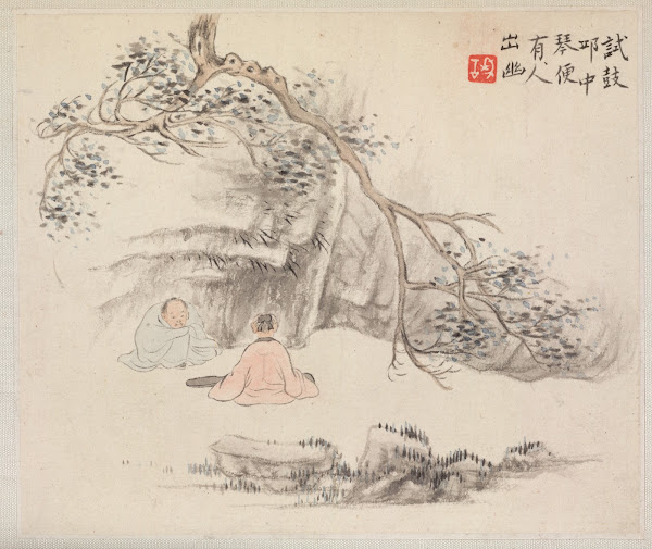 Two Figures Outside One Listens while the Other Plays the Qin 1700s
