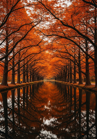 Autumn Tree Tunnel over Reflective Lake