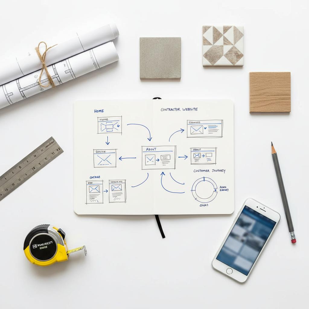 Flat-lay of construction tools, rolled blueprints and an open notebook with hand-drawn contractor website wireframes and blue accent markers on a white background
