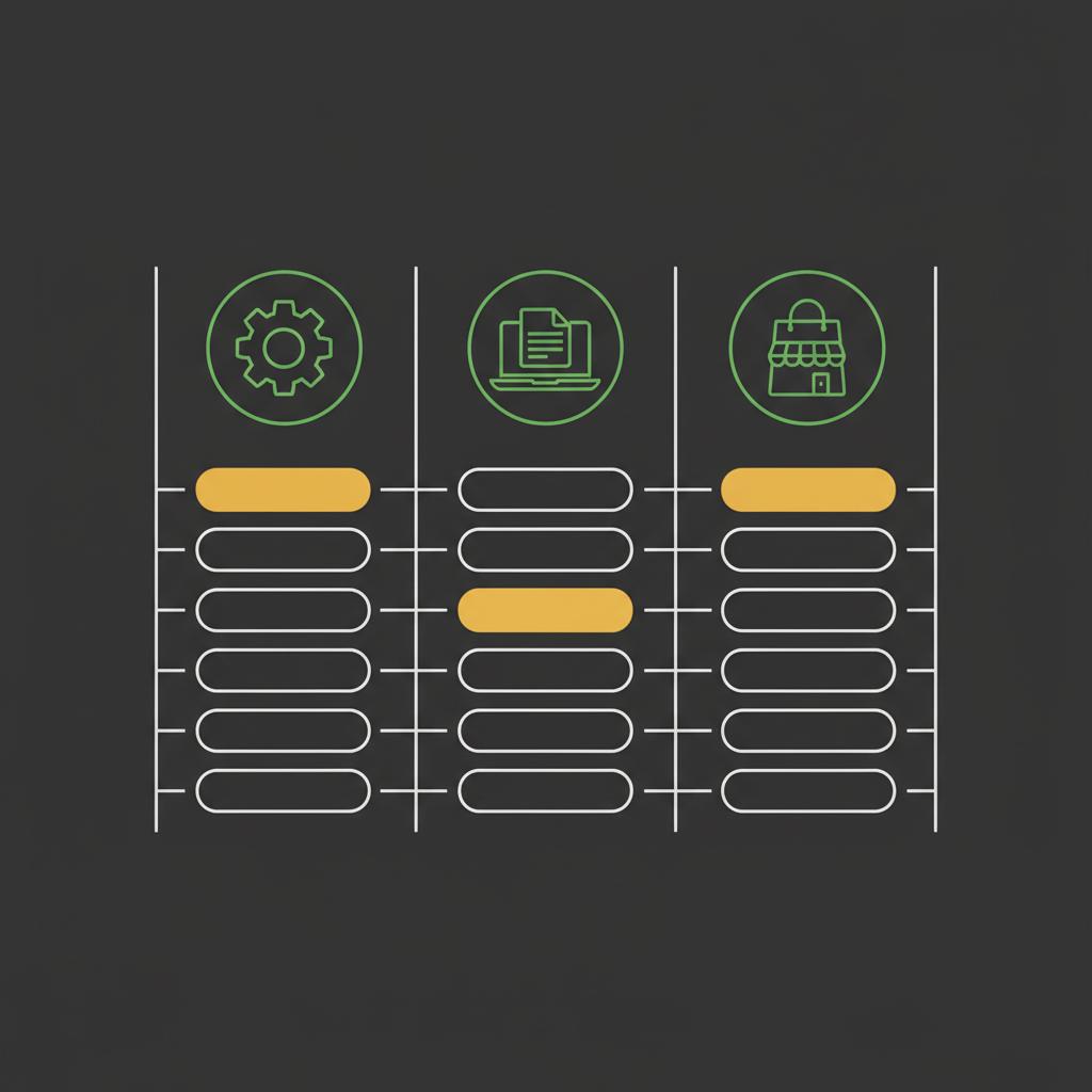 Minimalist vector three column 90 day plan timeline for service digital product and niche store on dark background passive income business ideas