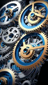 Interlocking Gears in Gold and Blue Machinery