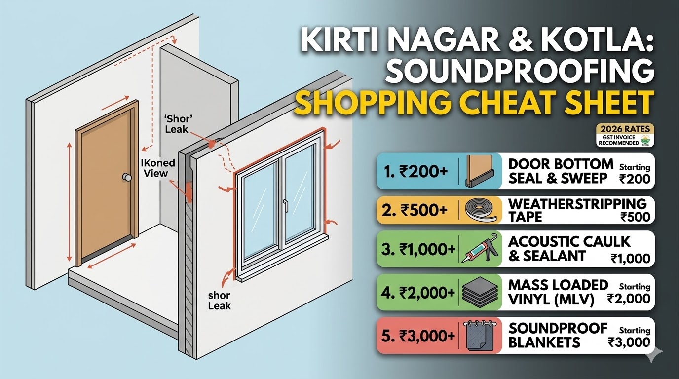 A detailed infographic collage summary of an acoustic interior design shopping guide for Kirti Nagar market, Delhi. Shows 5 items like Door Seal (₹200+) and MLV (₹2000+) as a 'Shopping Cheat Sheet'.