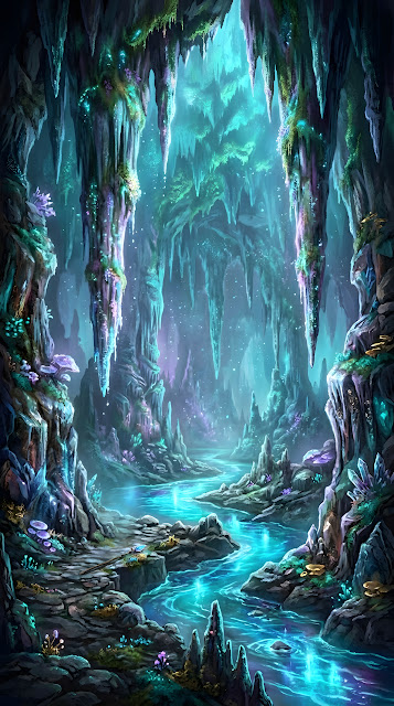 Subterranean River in a Glowing Cavern with Iridescent Stalactites - Free mobile Wallpaper