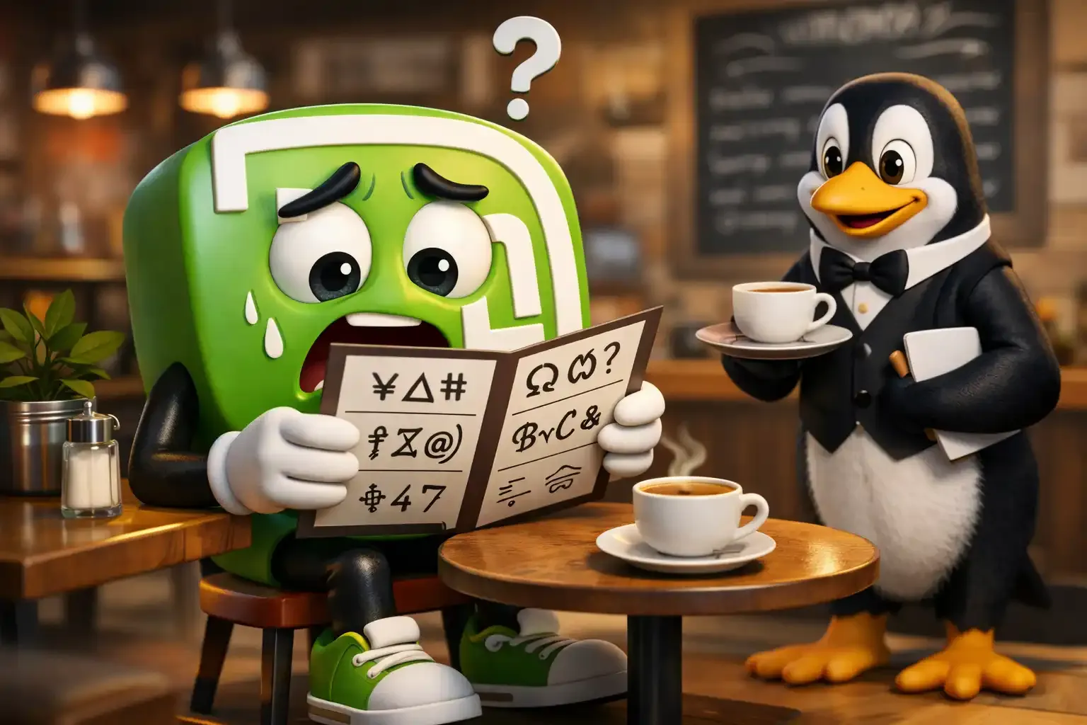 Linux Mint con una expresión de pánico absoluto y confusión, con un signo de interrogación blanco flotando sobre su cabeza, mientras se esfuerza desesperadamente por leer un menú lleno de símbolos extraños e incomprensibles en la cafetería. El camarero Tux se acerca cortésmente, sonriendo mientras le ofrece una taza de espresso caliente.