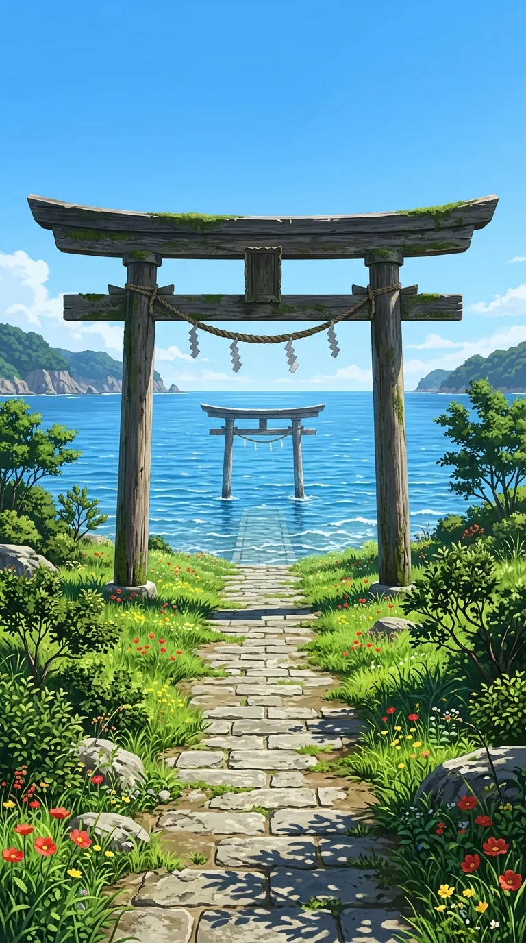 Stone Path Leading Through Torii Gates to the Ocean - Free 8K and 4K mobile Wallpaper Background