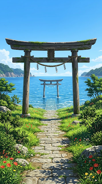 Stone Path Leading Through Torii Gates to the Ocean - Free mobile Wallpaper