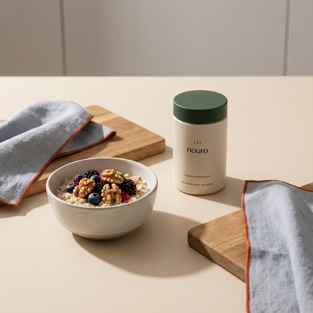 How do I avoid getting Alzheimer's? Minimalist kitchen counter with Mediterranean breakfast bowl and Tonum Nouro bottle on a beige background in soft morning light.