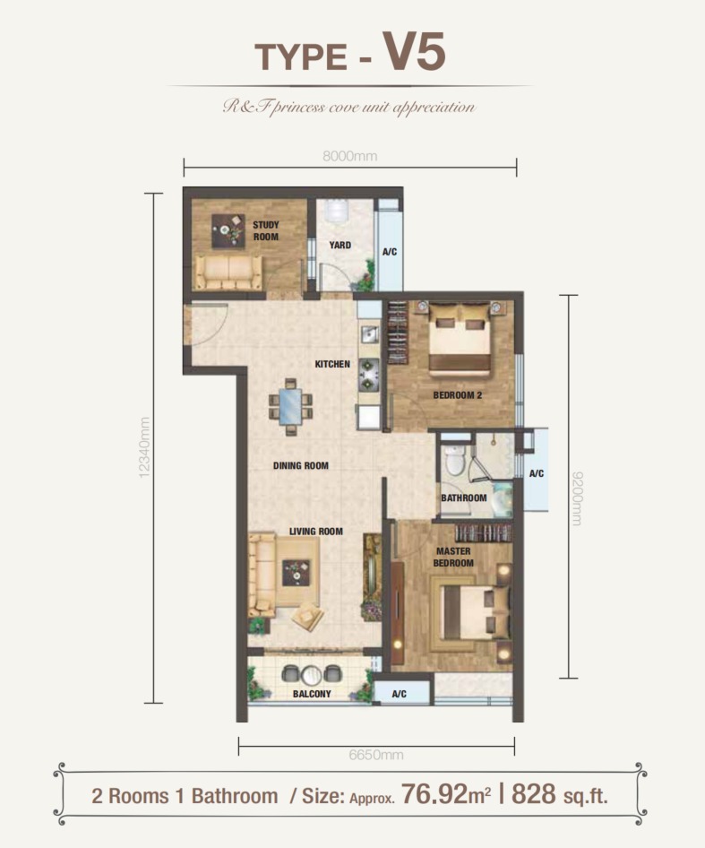 Princess Cove RNF Phase 2 Type V5 floor plan — 828 sq ft, 2 bedrooms