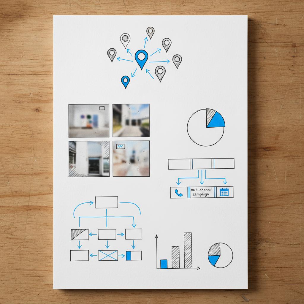 Close-up sketchbook illustrating a local marketing plan for how to market a general contracting business: map pins, arrows to a location marker, project thumbnails, and a budget pie chart.