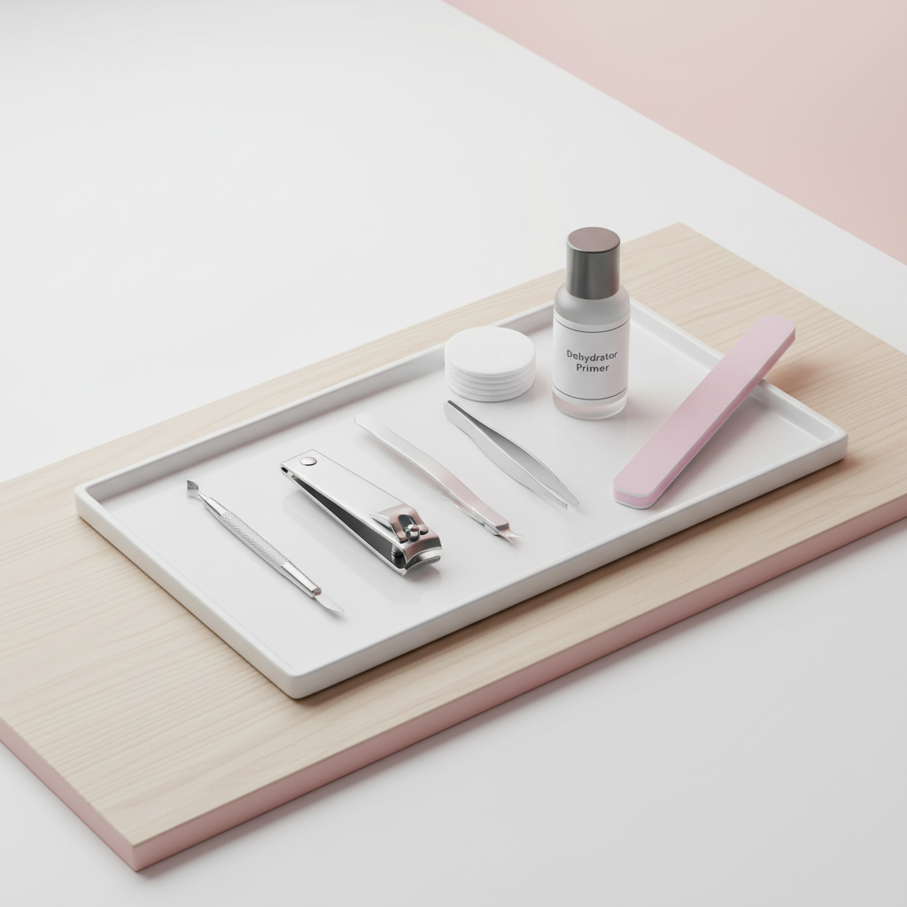 Aufgeräumter Maniküre-Arbeitsplatz mit weißem Tablett, sterilen Metallwerkzeugen, dezenter Dehydrator-Primer-Flasche, pastellrosa Feile und Wattepads – Nagelpilz durch Stress
