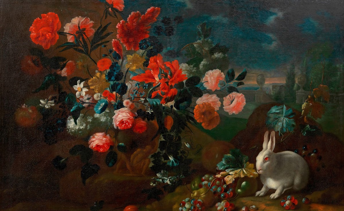 Blumenstillleben mit Kaninchen around 1710
