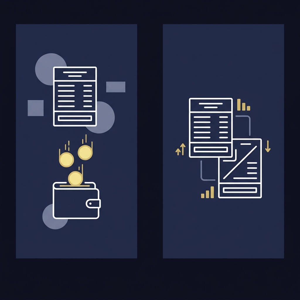 Minimalist 2D vector split screen showing bet slip app strategies, left cash out with wallet and coins, right hedge bet with opposing slips and market arrows