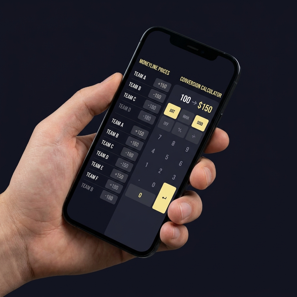 Close up of hand holding smartphone showing moneyline prices and a simple conversion calculator in a minimalist Funded Plays style on a dark background for nba games tonight predictions