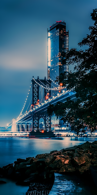 Manhattan Bridge Night View Brooklyn Waterfront Skyline - Free mobile Wallpaper