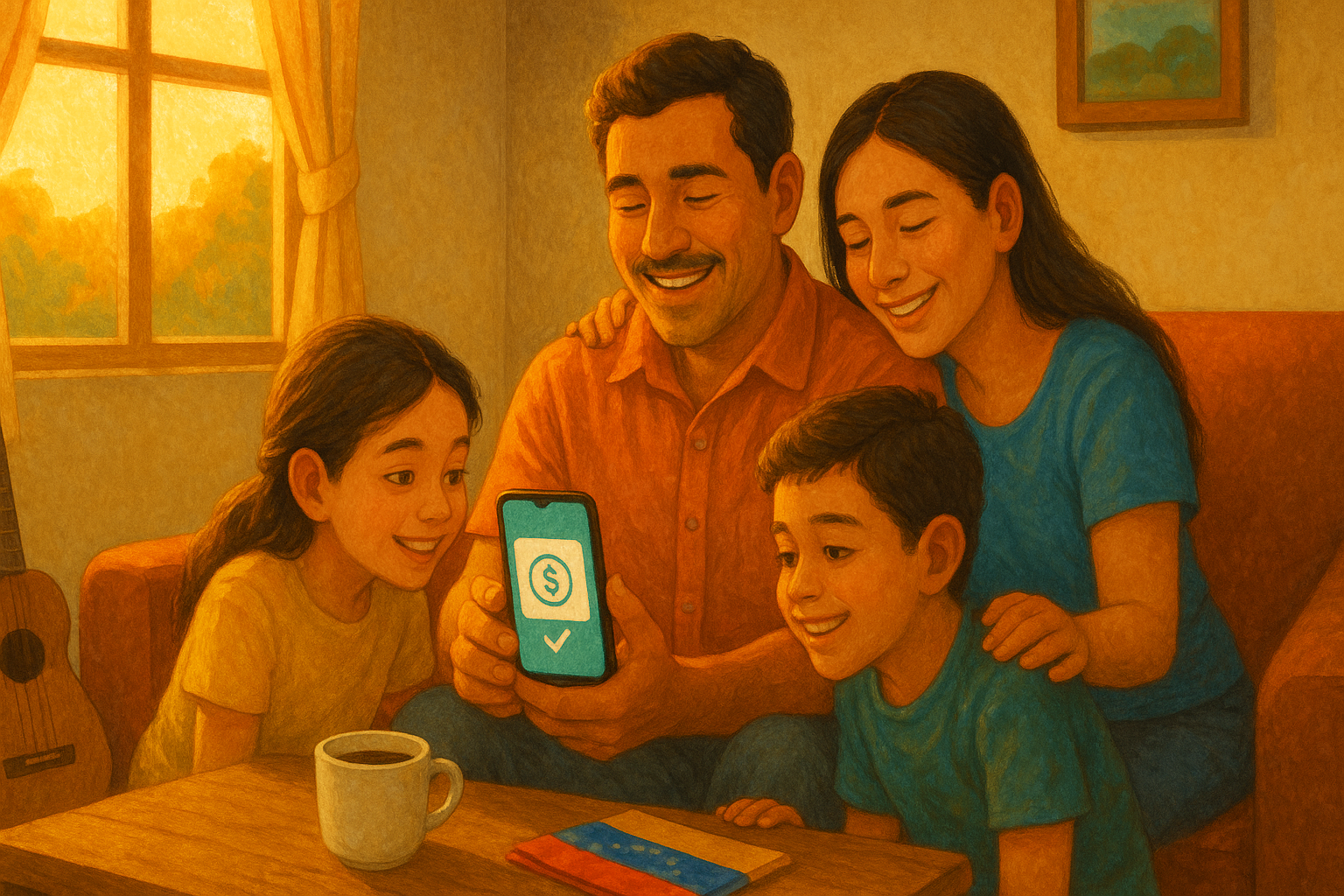Familia venezolana recibiendo remesa en casa, guía de remesas internacionales