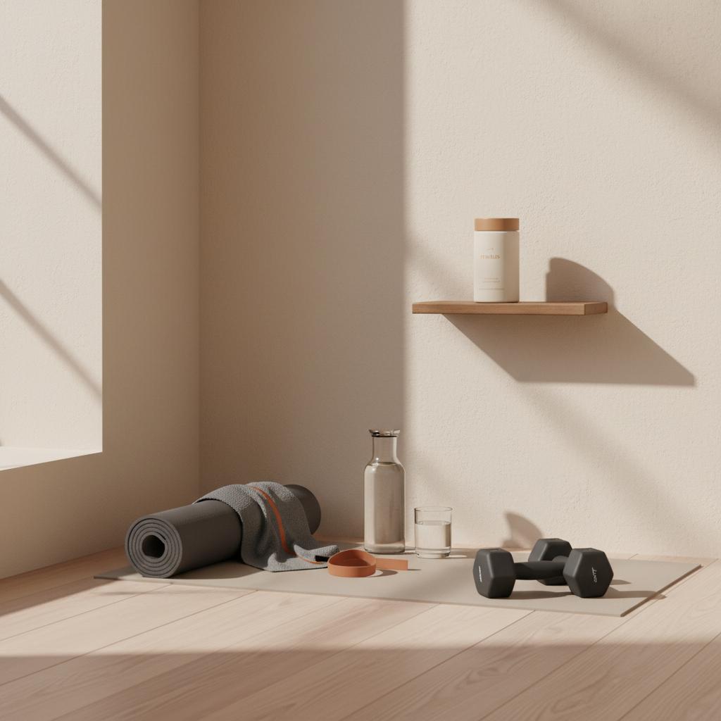 Minimalist home workout corner with yoga mat, dumbbells, water carafe and Tonum Motus container on a shelf, reflecting a 6 week metabolic reset program