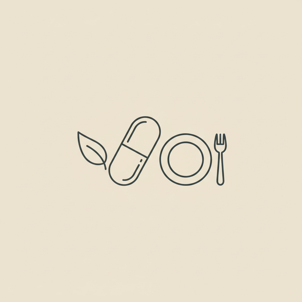 Minimal Tonum-style vector line illustration of a capsule, small leaf, and plate with fork on beige background, evoking fat burners that work