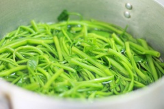 Đun sôi một nồi nước trên bếp, cho rau muống vào luộc chín.