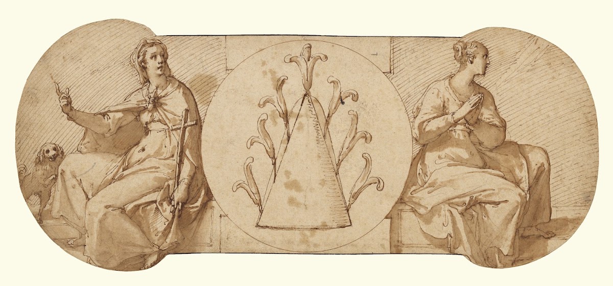 Allegories of Faith and Hope Flanking the Zuccaro Emblem 1595