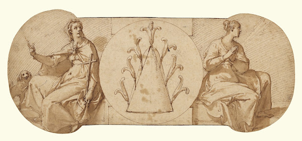 Allegories of Faith and Hope Flanking the Zuccaro Emblem 1595