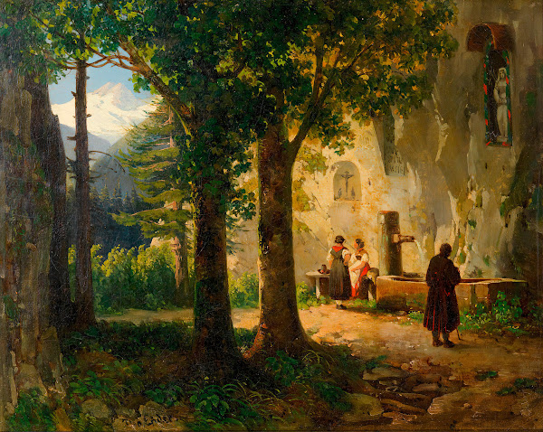 Andächtige bei einer Heilquelle Landschaft mit Brunnen ca 1850